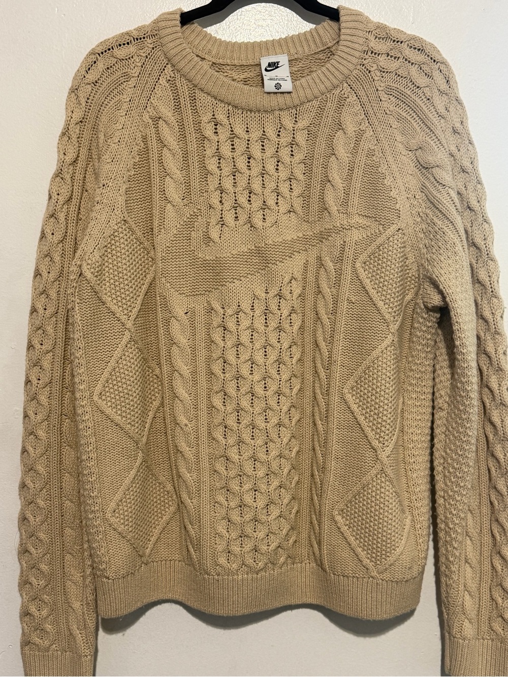 Nike Men's Cable Knit Crewneck Sweater Oatmeal Beige M Wool Blend - Picture 10 of 11